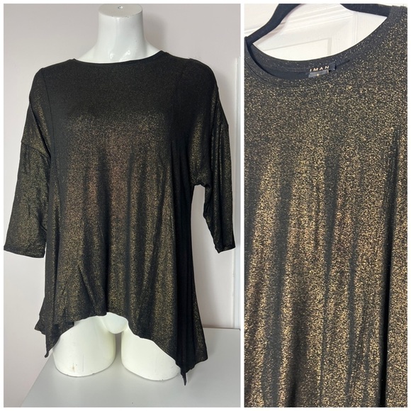 Iman Black Gold Metallic Glitter Sparkle Blouse Asymmetric Hem Top Size Small - Picture 1 of 9